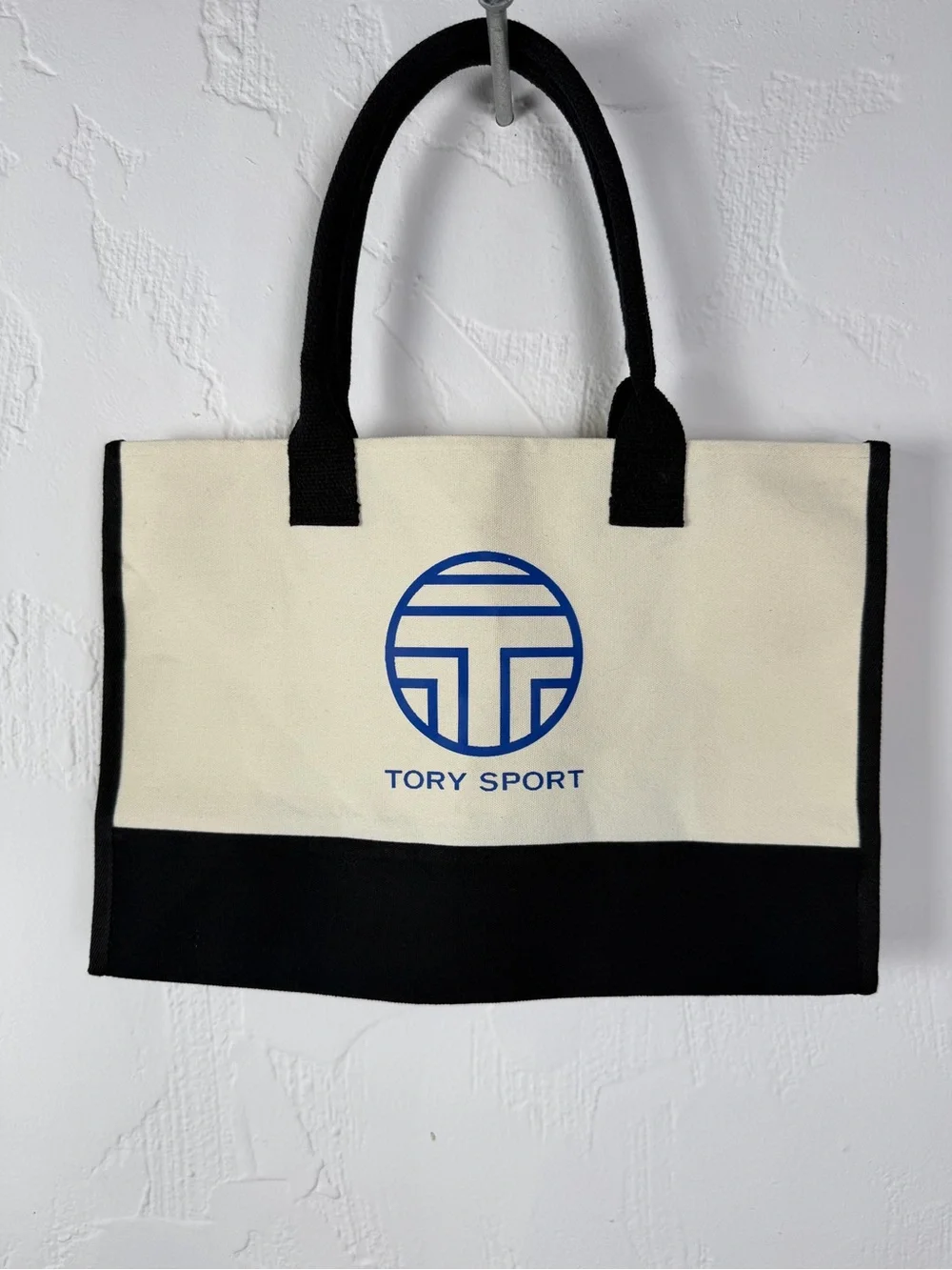 Tory Sport Cream and Black Canvas with Blue Logo Shopping Tote - NWOT 11.5 X 17